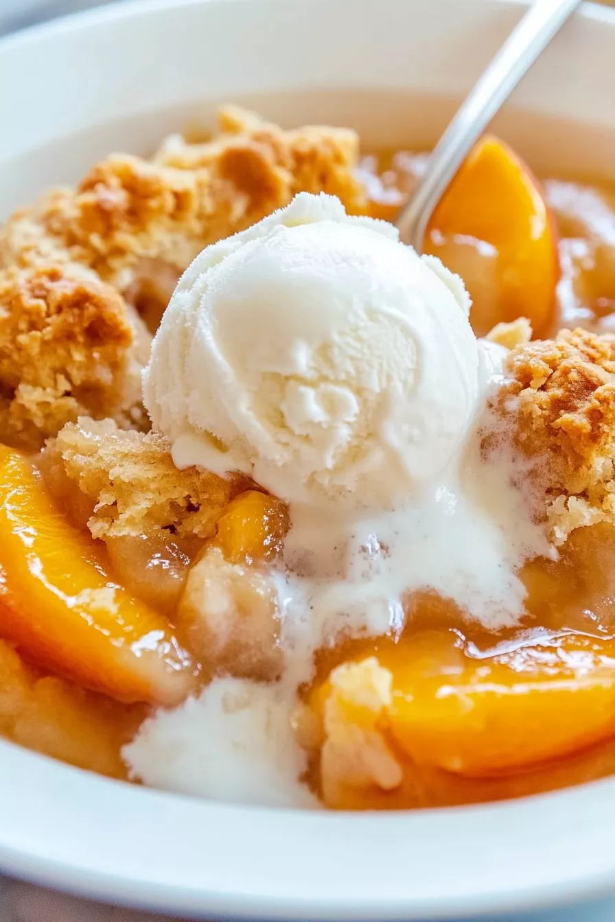 peach cobbler with vanilla ice cream